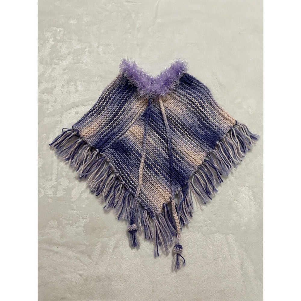 Knit Purple Pink Poncho Size 3 4 Year Toddler Fringe Trim Pull Over